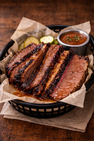 sliced brisket closeup smoke bark
